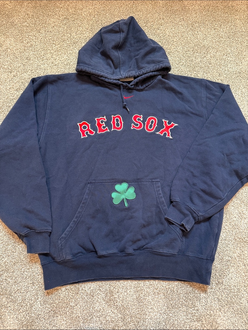 Nike Navy Hoodie with Red 'RED SOX' Lettering and Green Shamrock